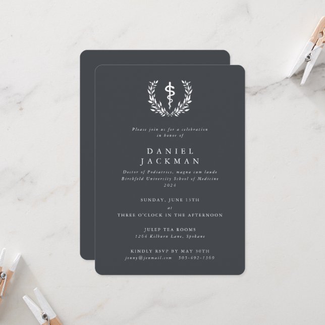Grey/White Asclepius Medical School Graduation Invitation (Front/Back In Situ)