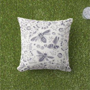 Grey  White Bee Floral Unique Rustic Farmhouse  Outdoor Pillow