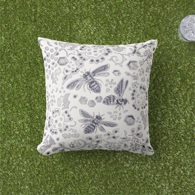 Grey  White Bee Floral Unique Rustic Farmhouse  Outdoor Pillow (Grass)