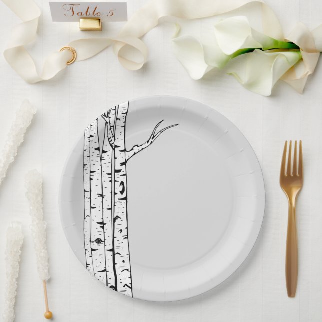 Grey White Birch Trees Paper Plate (Wedding)