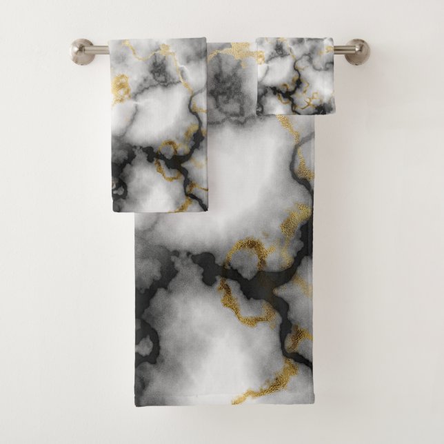 Grey White Black and Gold Marble Pattern Bath Towel Set (Insitu)