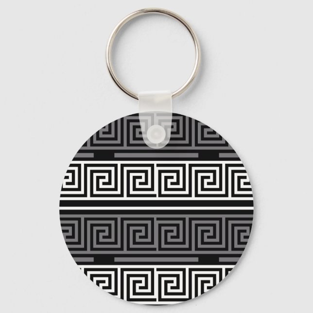 Grey White Black Greek Key Fret Pattern Design  Keychain (Front)