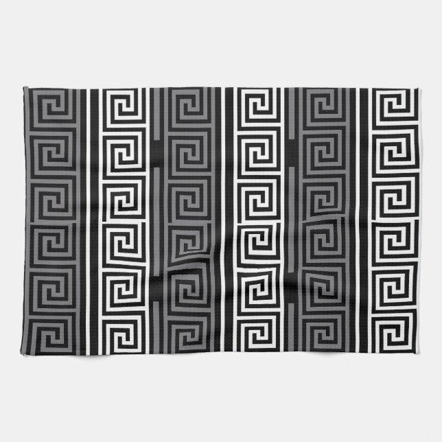 Grey White Black Greek Key Fret Pattern Design  Kitchen Towel (Horizontal)