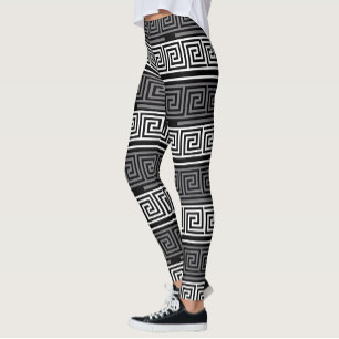 Grey White Black Greek Key Fret Pattern Design  Leggings