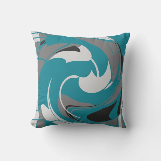 Grey White Black on Teal Blue Abstract Art Flower Throw Pillow (Front)