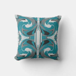Grey White Black on Teal Blue Floral Large Tiles Throw Pillow