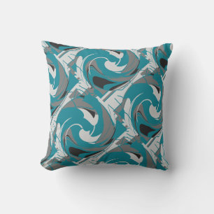 Grey White Black Teal Blue Floral Twirls Abstract Throw Pillow
