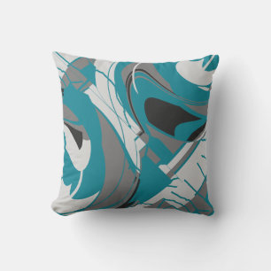 Grey White Black Teal Blue Flowing Floral Abstract Throw Pillow