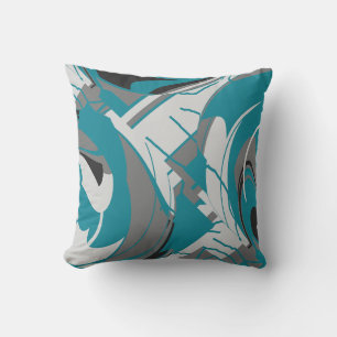 Grey White Black Teal Blue Lush Leaves Abstract Throw Pillow