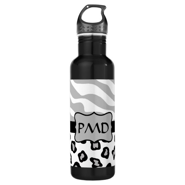 Grey, White & Black Zebra & Cheetah Skin Custom 710 Ml Water Bottle (Front)