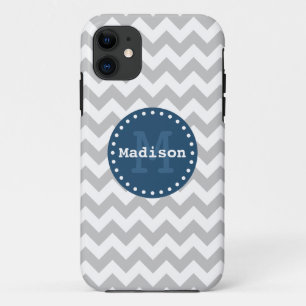 Grey White Blue Chevron Zigzag Monogram iPhone 11 Case
