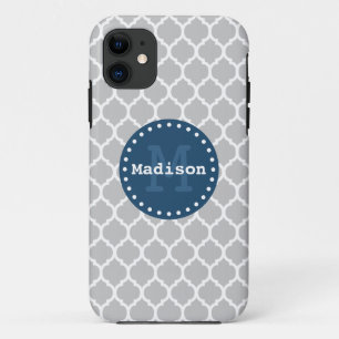 Grey White Blue Moroccan Lattice Monogram iPhone 11 Case