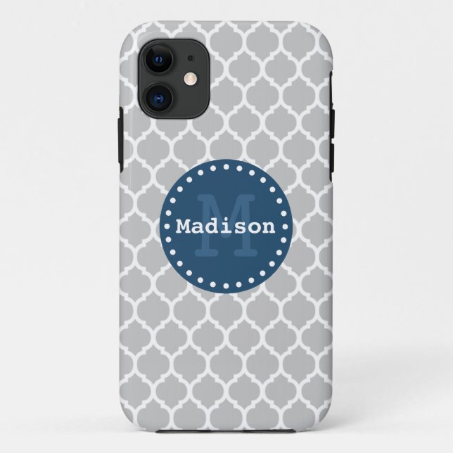 Grey White Blue Moroccan Lattice Monogram Case-Mate iPhone Case (Back)