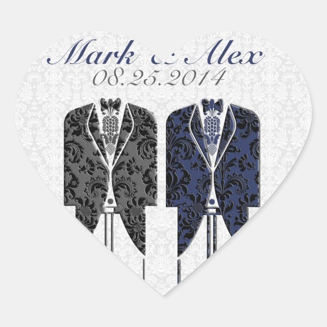 Grey White & Blue Same-Sex Couples Wedding Design Heart Sticker (Front)