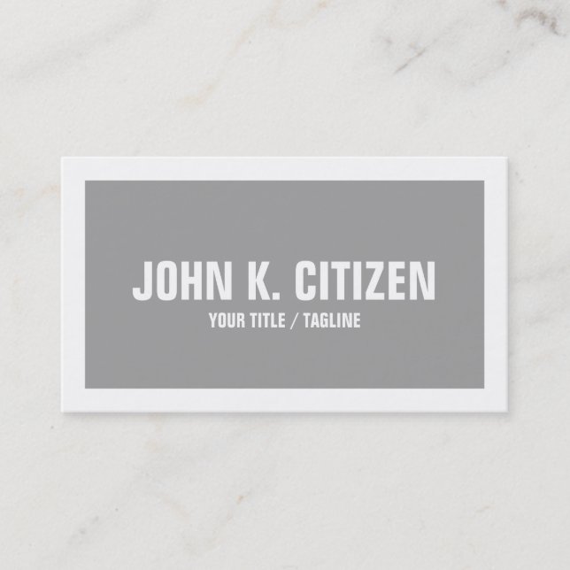 Grey & White Bold Text Wide Border Business Card (Front)