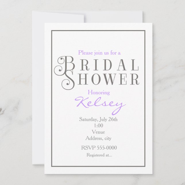 Grey & White Bridal Shower Classy Invitation (Front)