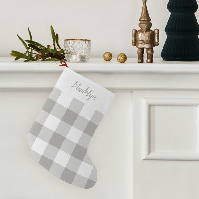 Grey & White Buffalo Plaid Personalized Small Christmas Stocking (Creator Uploaded)