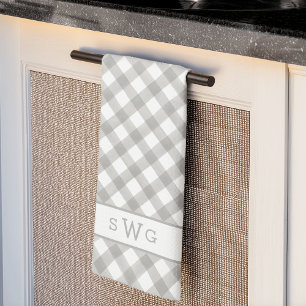 Grey & White Buffalo Plaid Three Initial Monogram Kitchen Towel