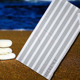grey & white cabana stripes personalized beach towel