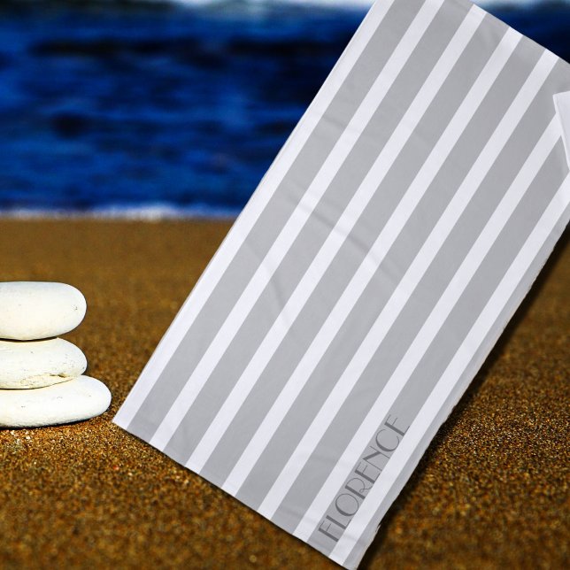 grey & white  cabana stripes  personalized beach towel (Creator Uploaded)