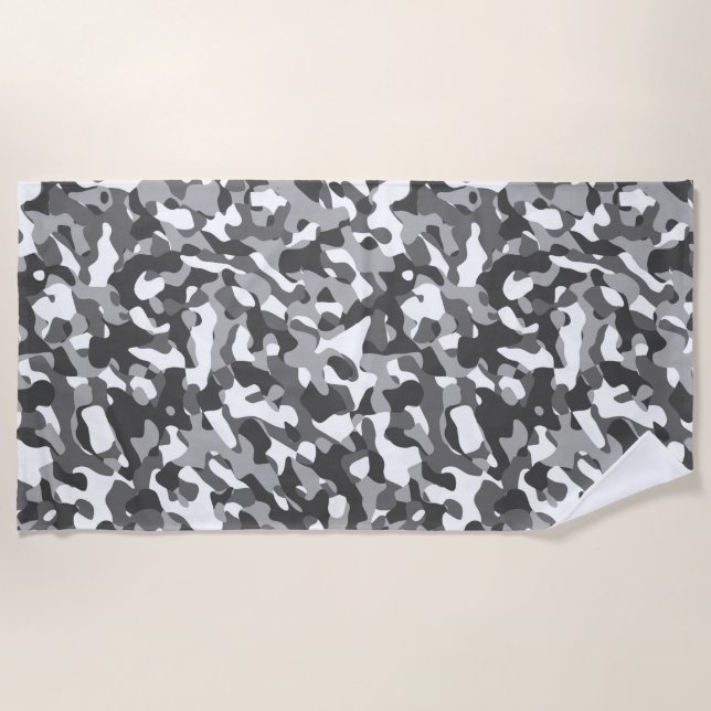 Grey White Camouflage Print Pattern Beach Towel (Front)