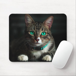 Grey & White Cat with Blue Eyes & Matching Collar Mouse Pad
