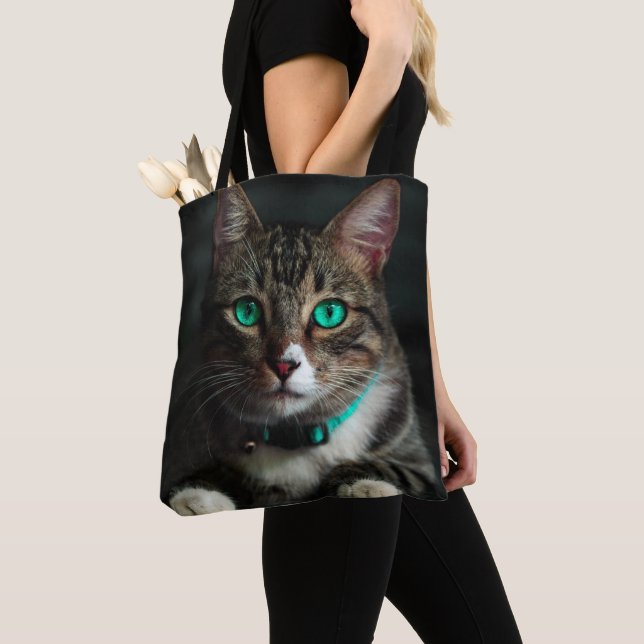 Grey & White Cat with Blue Eyes & Matching Collar Tote Bag (Close Up)