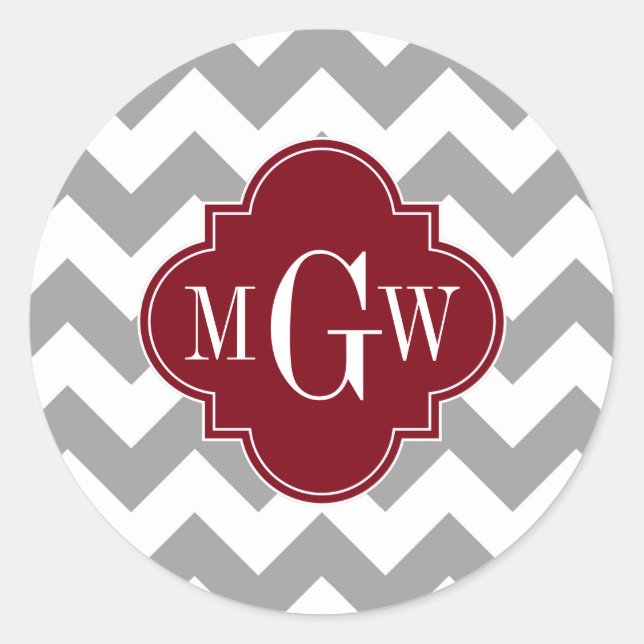 Grey White Chevron Burgundy Quatrefoil 3 Monogram Classic Round Sticker (Front)