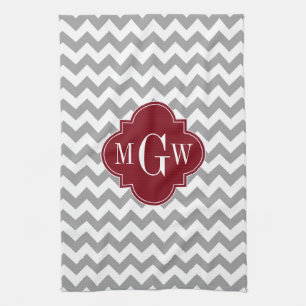 Grey White Chevron Burgundy Quatrefoil 3 Monogram Kitchen Towel