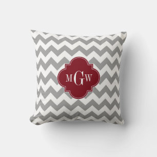 Grey White Chevron Burgundy Quatrefoil 3 Monogram Throw Pillow