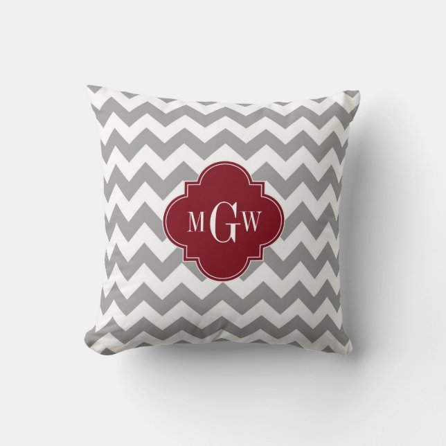 Grey White Chevron Burgundy Quatrefoil 3 Monogram Throw Pillow (Front)
