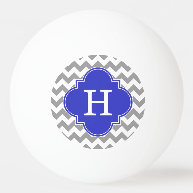 Grey White Chevron Cobalt Blue Quatrefoil Monogram Ping Pong Ball (Front)