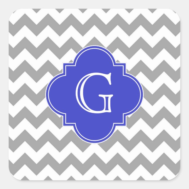 Grey White Chevron Cobalt Blue Quatrefoil Monogram Square Sticker (Front)