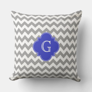 Grey White Chevron Cobalt Blue Quatrefoil Monogram Throw Pillow