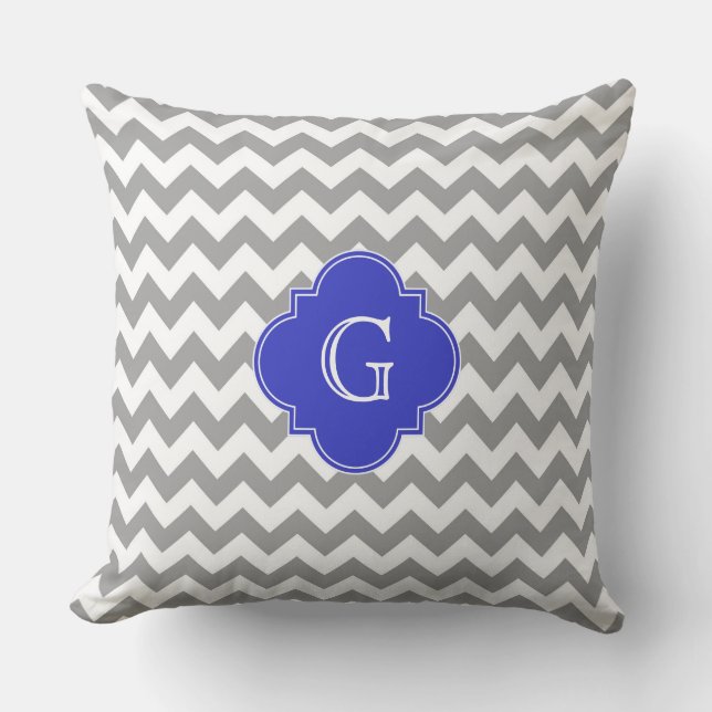 Grey White Chevron Cobalt Blue Quatrefoil Monogram Throw Pillow (Front)