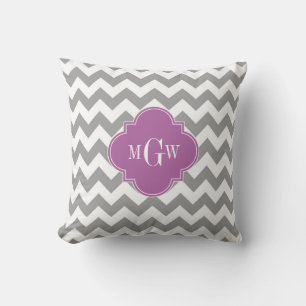 Grey White Chevron Orchid Quatrefoil 3 Monogram Throw Pillow