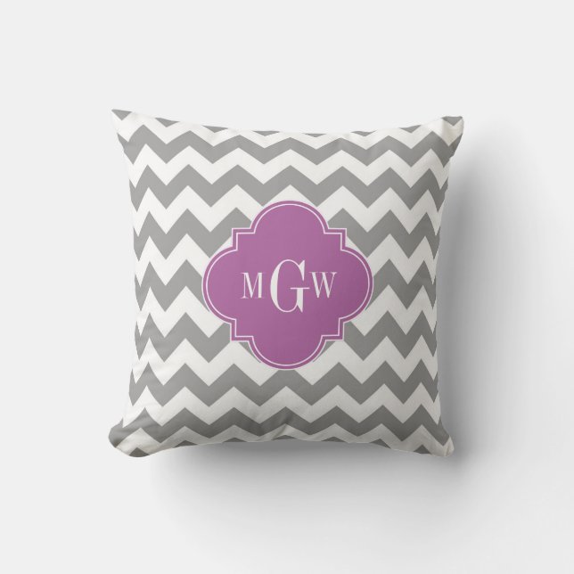 Grey White Chevron Orchid Quatrefoil 3 Monogram Throw Pillow (Front)