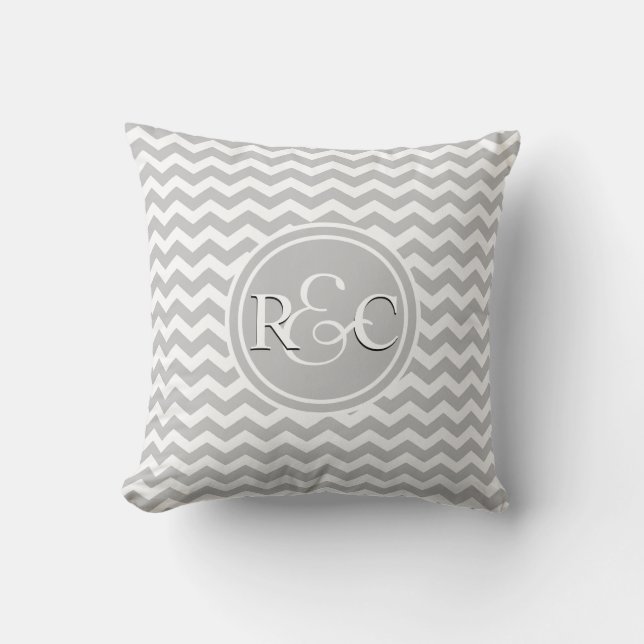 Grey White Chevron Personalized Initials Monogram Throw Pillow (Front)