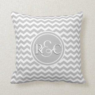 Grey White Chevron Personalized Initials Monogram Throw Pillow