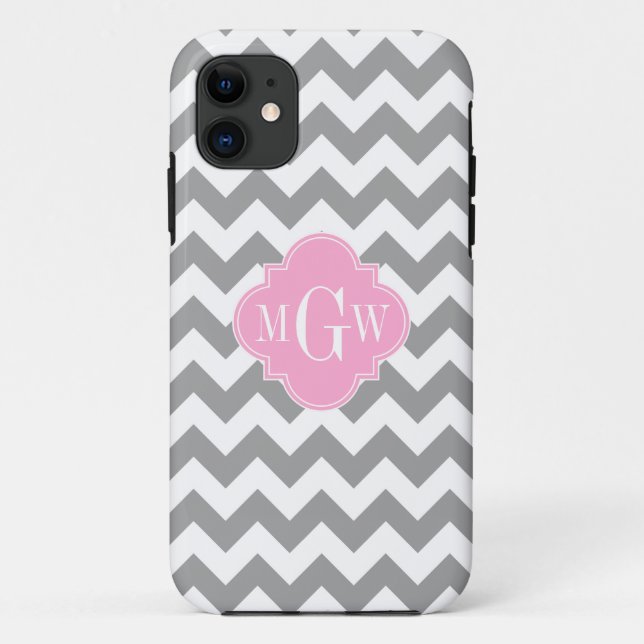 Grey White Chevron Pink Quatrefoil 3 Monogram Case-Mate iPhone Case (Back)