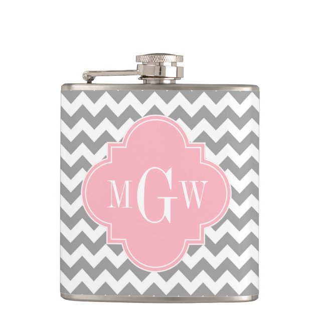 Grey White Chevron Pink Quatrefoil 3 Monogram Hip Flask (Front)