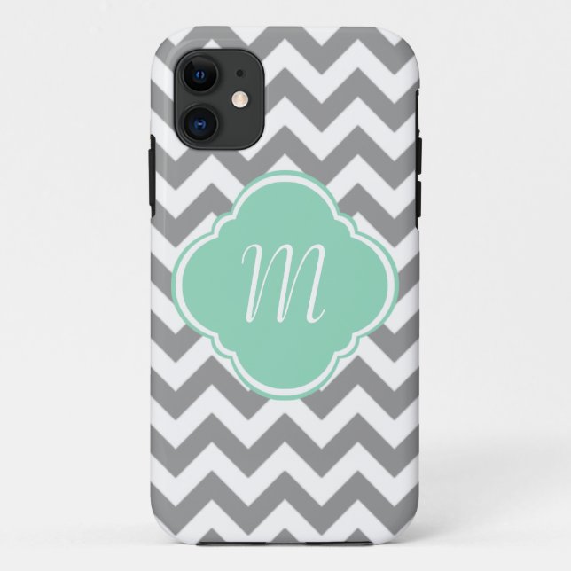 Grey & White Chevron Stripe Custom Monogram Case-Mate iPhone Case (Back)
