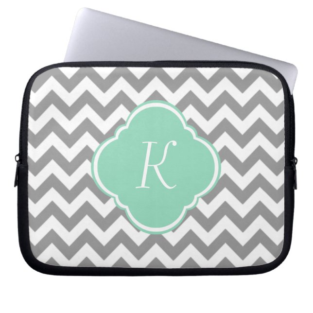 Grey & White Chevron Stripe Custom Monogram Laptop Sleeve (Front)