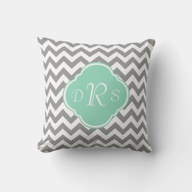 Grey & White Chevron Stripe Custom Monogram Throw Pillow (Front)
