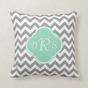 Grey & White Chevron Stripe Custom Monogram Throw Pillow
