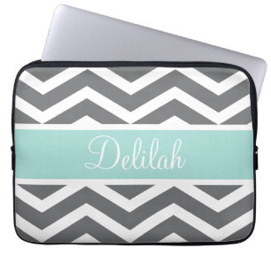 Grey White Chevron Teal Name Laptop Sleeve
