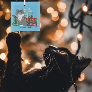 Grey White Christmas Kitten Glass Ornament