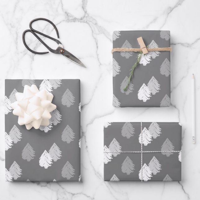 Grey White Christmas Tree Pattern Wrapping Paper Sheet (Front)