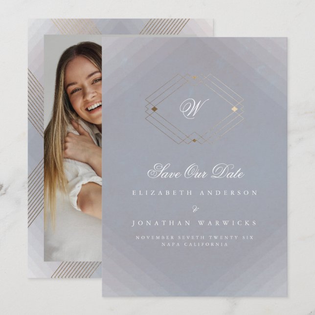 grey white classic deco gold monogram photo save the date (Front/Back)