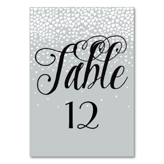 Grey White Confetti Hearts table number (Front)